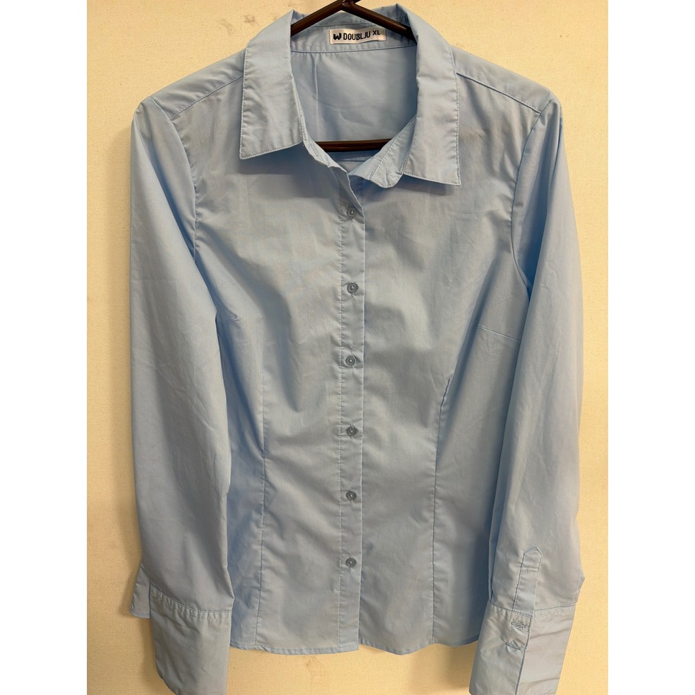 Doublju Womens Light Blue Long Sleeve Button Down Blouse Office Work Shirt XL